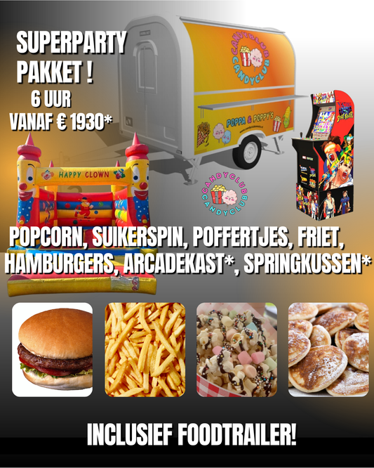 Superparty Pakket – All Inclusive* + Arcade Kast óf springkussen